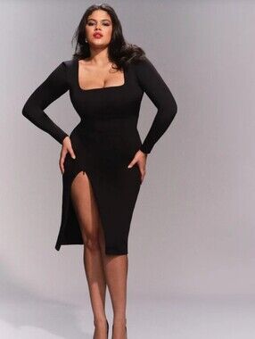 TA3 Squarey Black Long-Sleeve Midi Shapewear Dress with Front Slit Size XS Short